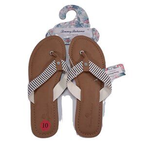 NWT Tommy Bahama Speedwell Sandals Women 10 Tan White with Blue Stripe Flip Flop